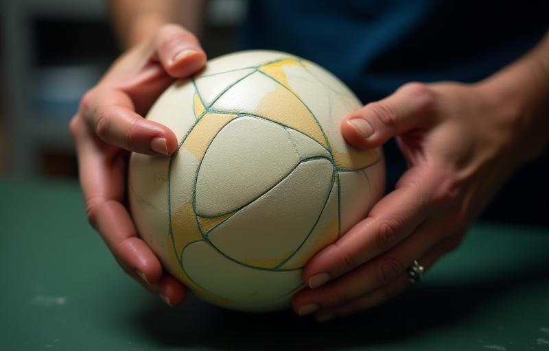 Close-up of hands inspecting water polo ball stitching, symbolizing craftsmanship.